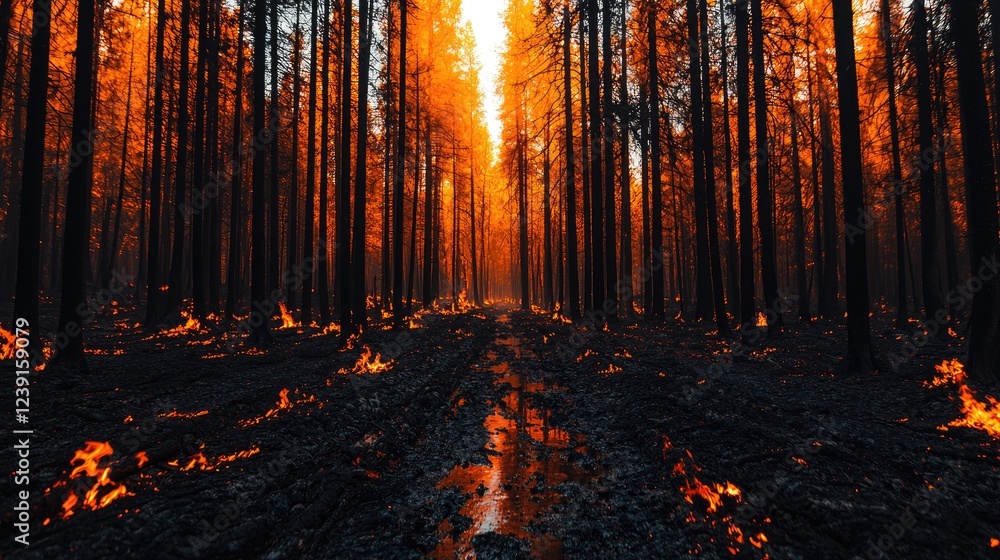 Fototapeta premium Fiery Forest Landscape with Flames and Burning Trees at Sunset