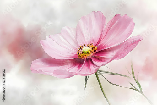 A watercolor illustration of a soft pink flower, symbolizing love and beauty, with delicate strokes and a light, airy style.