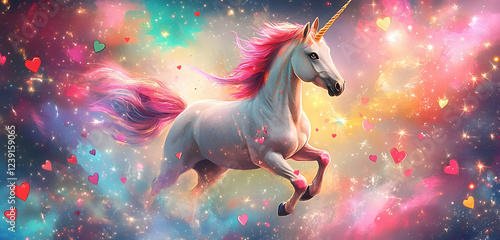 A whimsical illustration of a unicorn surrounded by colorful stars and hearts, creating a magical, dreamlike atmosphere.