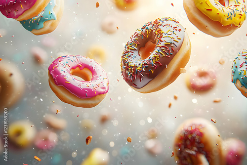 A whimsical scene of flying donuts in various vibrant colors, creating a surreal and playful atmosphere, isolated against a transparent background.