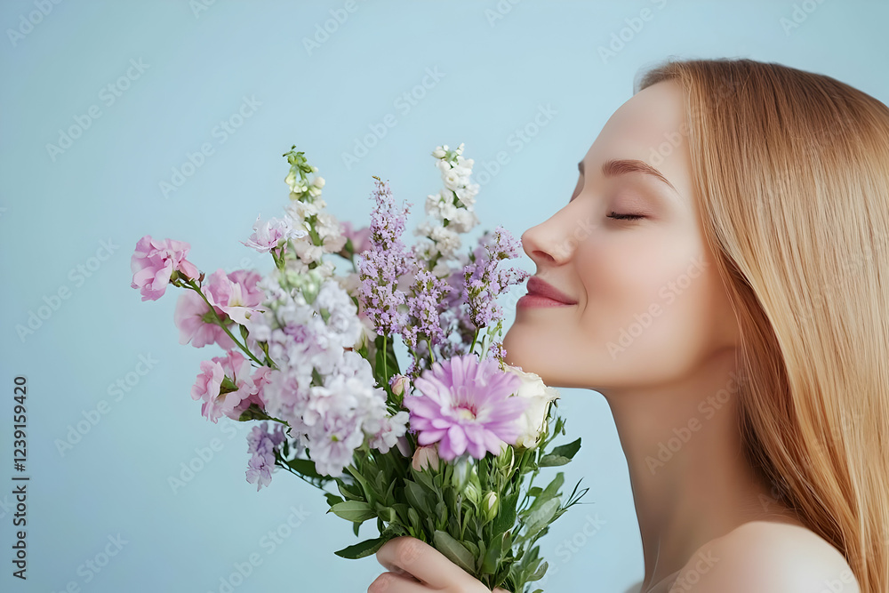 A woman smelling a bouquet of flowers, captured on a flat pastel blue background with room for text. A woman smelling a bouquet of flowers, captured on a flat pastel blue background with room for text.