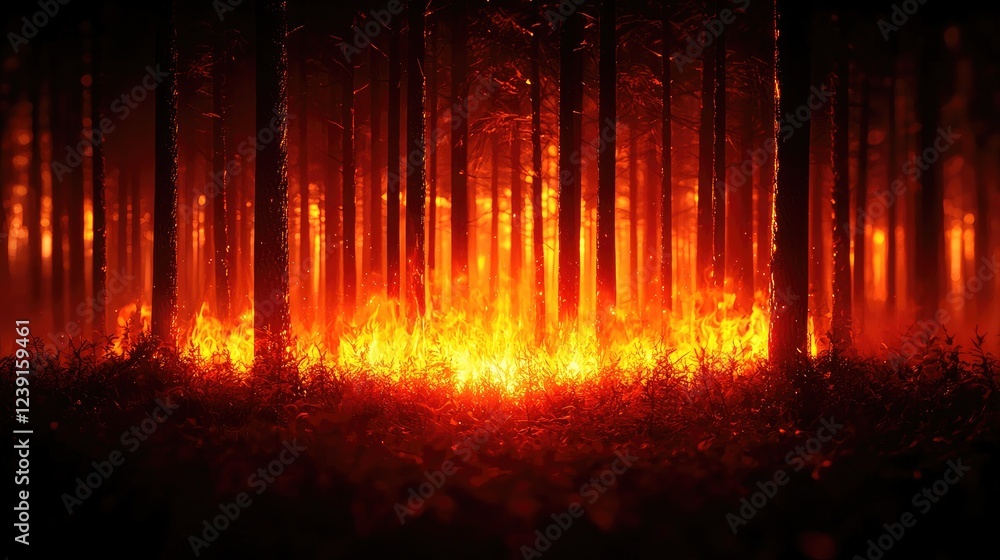 Naklejka premium Forest Fire with Glowing Flames and Dense Smoke in Wilderness