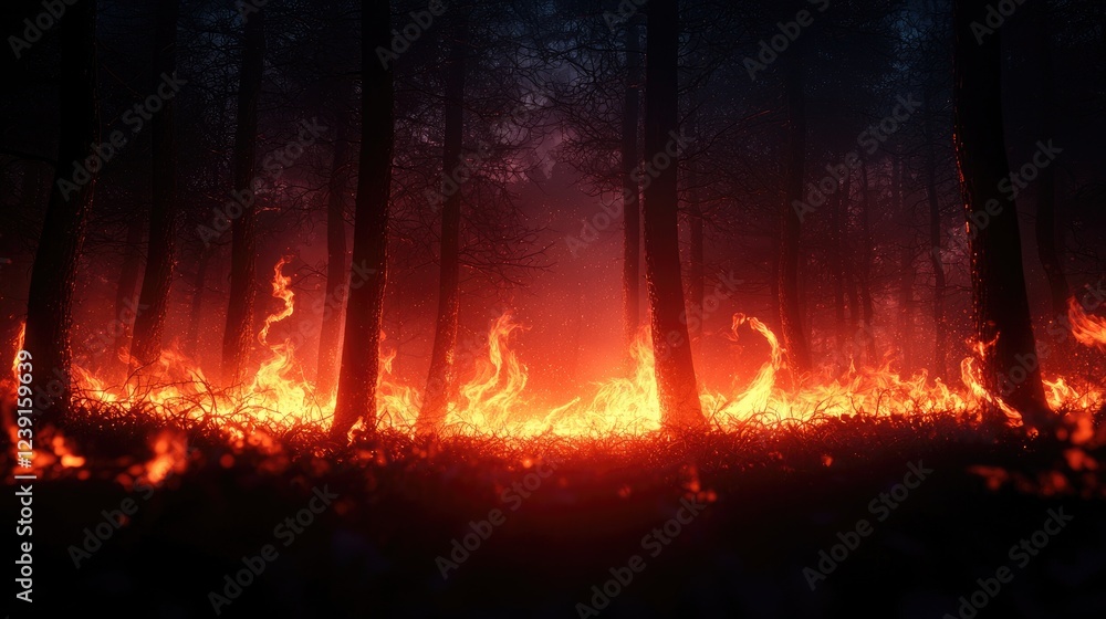 Fototapeta premium Intense Wildfire Engulfs Forest with Flames and Smoke at Dusk