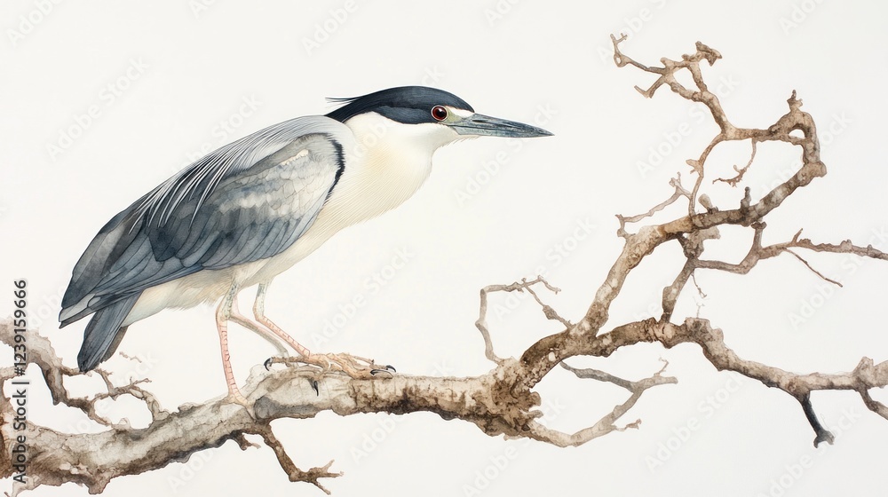 Black-crowned night heron perched on branch, nature background, wildlife art Black-crowned night heron perched on branch, nature background, wildlife art