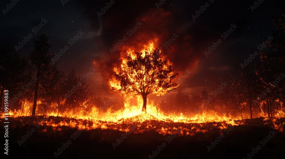 Fiery Blaze Consumes Forest Tree Under Dark Night Sky Fiery Blaze Consumes Forest Tree Under Dark Night Sky