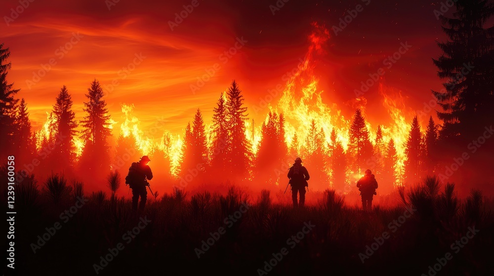 Fototapeta premium Brave Firefighters Battling Intense Wildfire in Dramatic Landscape