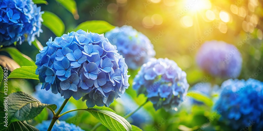Panoramic View of Lush Blue Hydrangeas in Soft Sunlight - Dreamy Floral Background Panoramic View of Lush Blue Hydrangeas in Soft Sunlight - Dreamy Floral Background