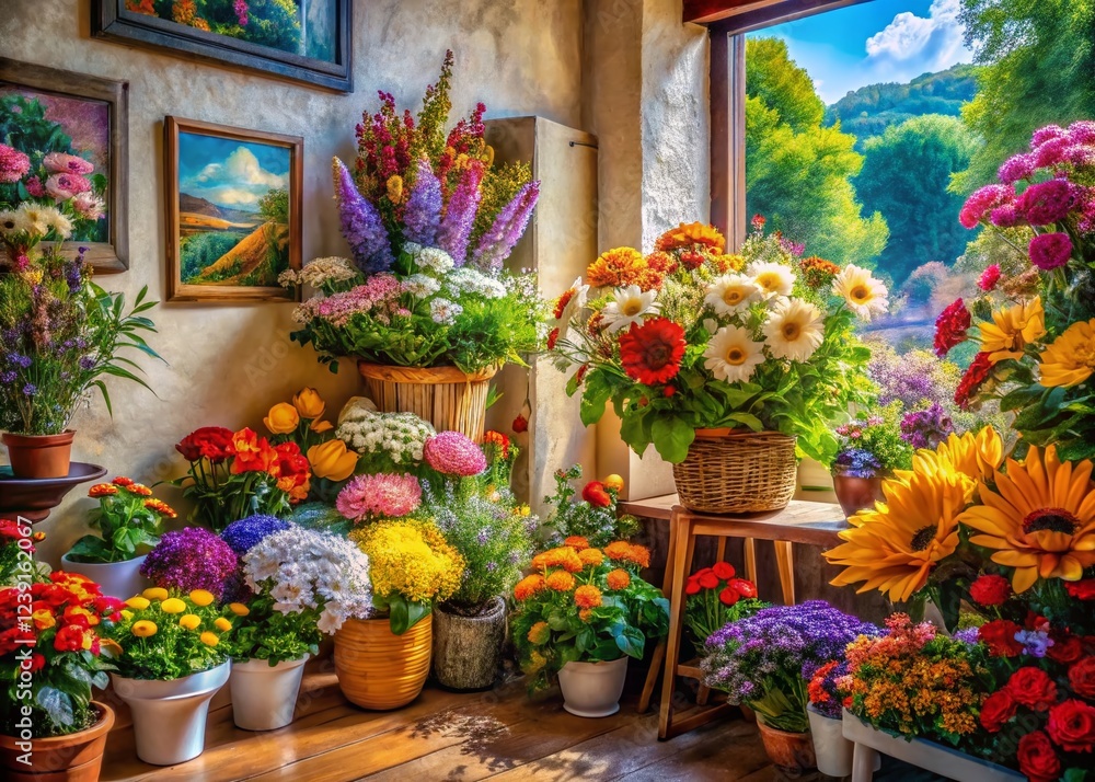 Fototapeta premium Panoramic View: Watercolor Floral Corner, Beautiful Spring Flowers, Artistic Home Decor