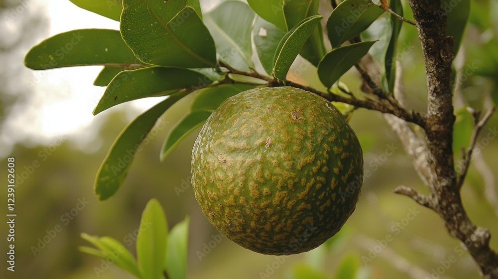 Fototapeta premium Green Fruit Hanging from Tree Branch in Natural Outdoor Setting