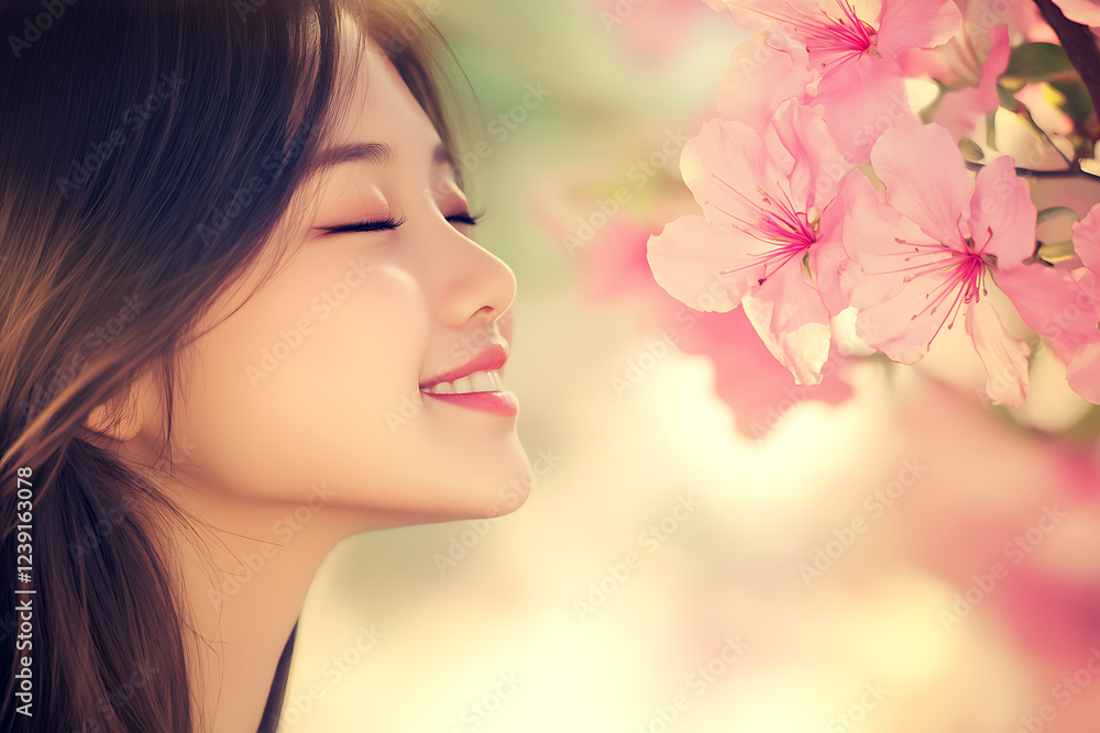 A beautiful Chinese girl enjoys a sunny day, smiling gently as she looks at vibrant flowers in full bloom. A beautiful Chinese girl enjoys a sunny day, smiling gently as she looks at vibrant flowers in full bloom.