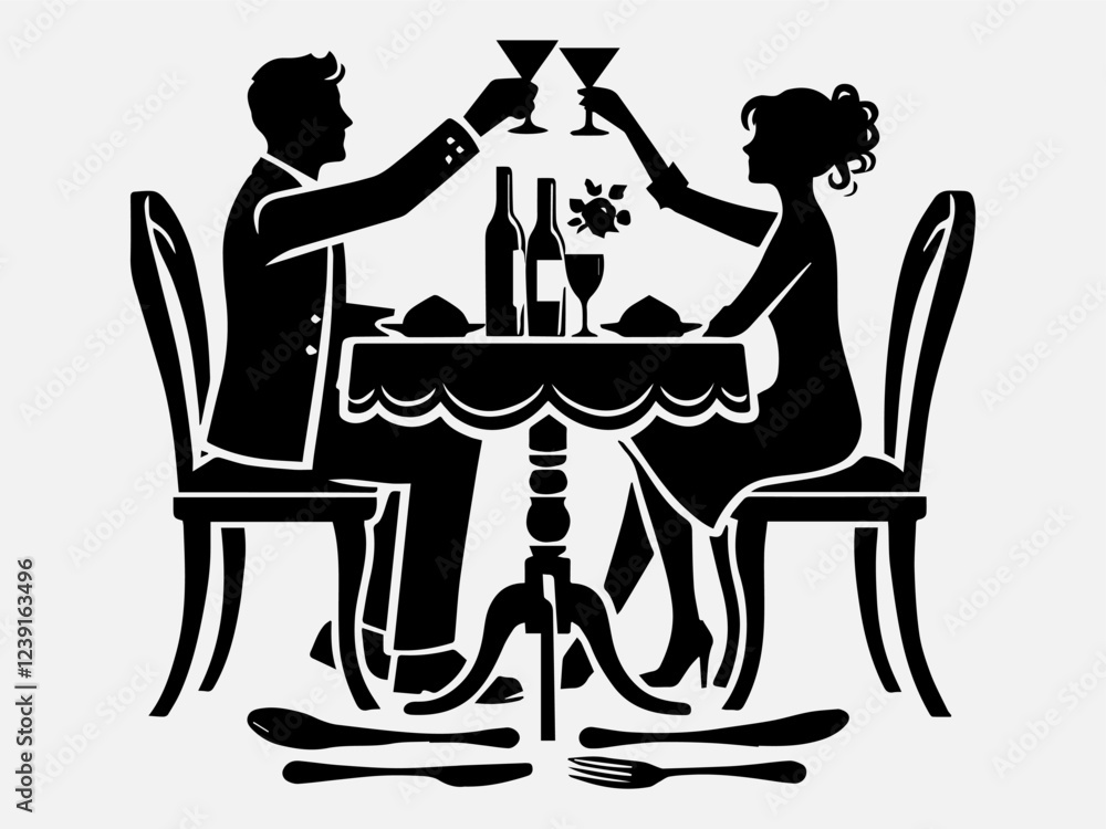 Fototapeta premium Couple with dining table Silhouette Vector Illustration