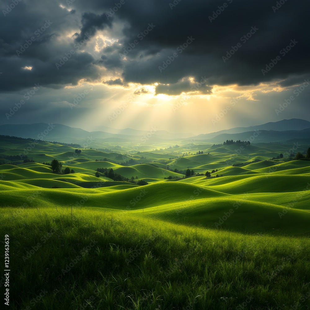 Obraz premium Magnificent Sunrise Over Verdant Rice Terraces in a Misty Mountain Landscape