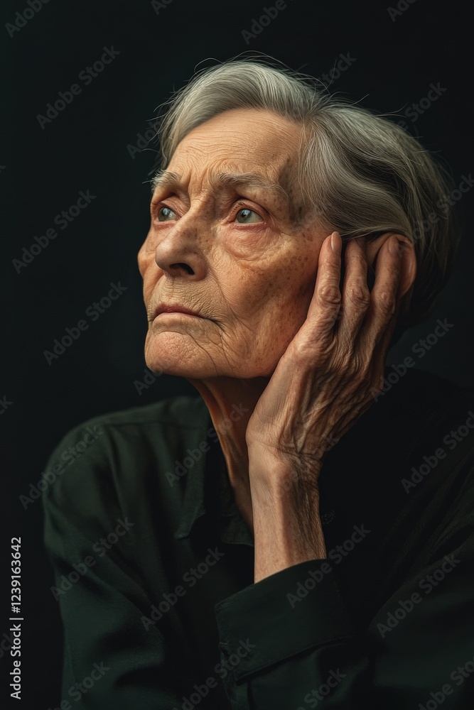 Emotive Portrait of an Aged Person with Hand on Face in Dramatic Lighting Emotive Portrait of an Aged Person with Hand on Face in Dramatic Lighting
