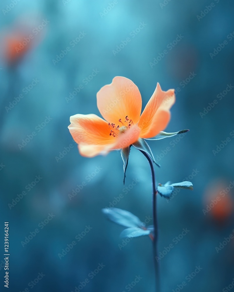 Delicate peach colored flower with soft petals on a thin stem against a cool blue background Delicate peach colored flower with soft petals on a thin stem against a cool blue background