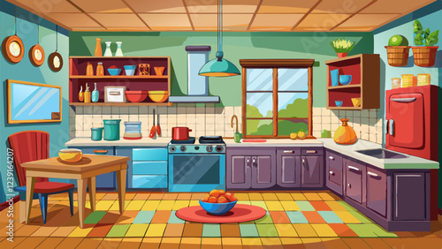 Illustration of a cozy kitchen with colorful cabinets, a wooden table, shelves, and a large window overlooking greenery, creating a warm and inviting space