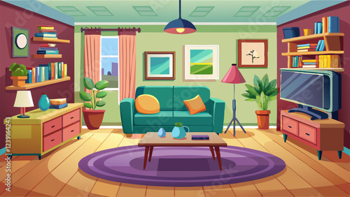 Illustration of a modern living room with a green sofa, bookshelves, plants, and vibrant decor, creating a cozy and stylish atmosphere