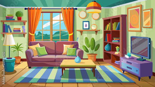 Illustration of a cozy living room with a sofa, plants, bookshelf, and large window letting in sunlight, decorated with bright colors and modern accents