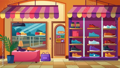 Illustration of a vibrant shoe store with colorful footwear displays, awnings, and modern decor, creating a trendy and welcoming retail atmosphere