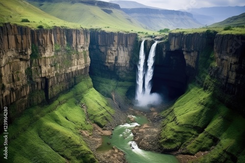 Lesotho's Maletsunyane Falls: A majestic waterfall dropping into river amidst scenic green landscape & canyons. Breathtaking views of nature's splendor photo