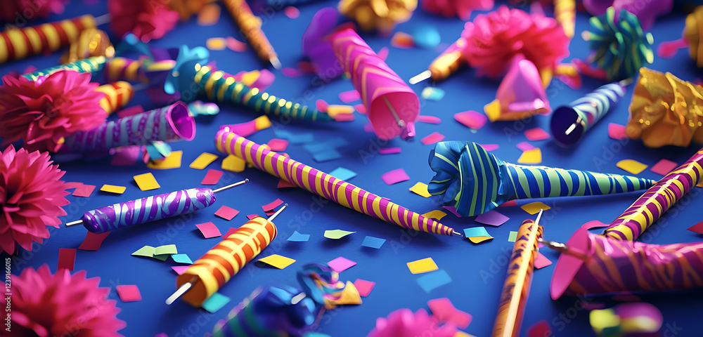 Naklejka premium A festive background with party blowouts scattered across a festive scene, perfect for birthday celebrations or party invitations.