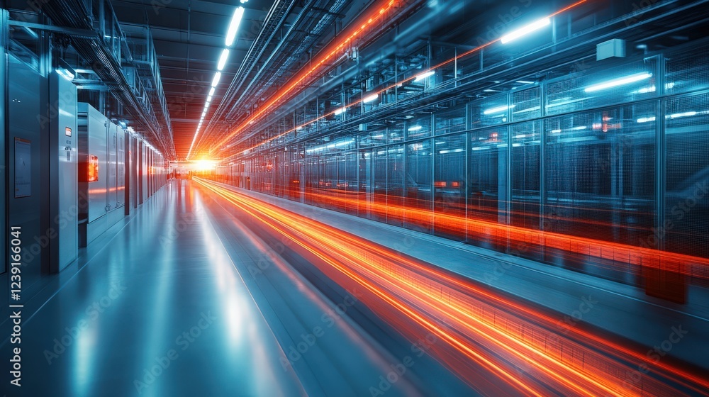 Futuristic corridor with glowing light trails, showcasing advanced technology in a modern setting Futuristic corridor with glowing light trails, showcasing advanced technology in a modern setting