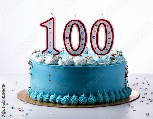 Decorated blue cake for birthday or anniversary party, candle number 100, white background photo