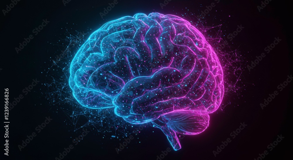 Brain Illuminated: A striking, illuminated illustration of the human brain, rendered in vibrant blue and pink hues, and sparking creative thinking. Brain Illuminated: A striking, illuminated illustration of the human brain, rendered in vibrant blue and pink hues, and sparking creative thinking.