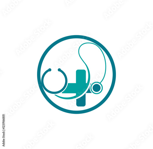 Medical care cross logo with stethoscope equipment around.