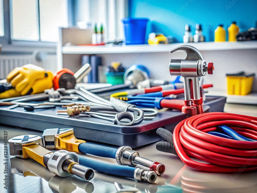 Plumber's Toolkit on White Table with Long Exposure Plumber's Toolkit on White Table with Long Exposure