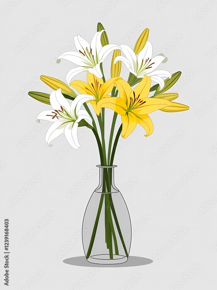White and yellow lilies in a glass vase with green stems and leaves, featuring large blossoms, delicate stamens, and closed buds. White and yellow lilies in a glass vase with green stems and leaves, featuring large blossoms, delicate stamens, and closed buds.