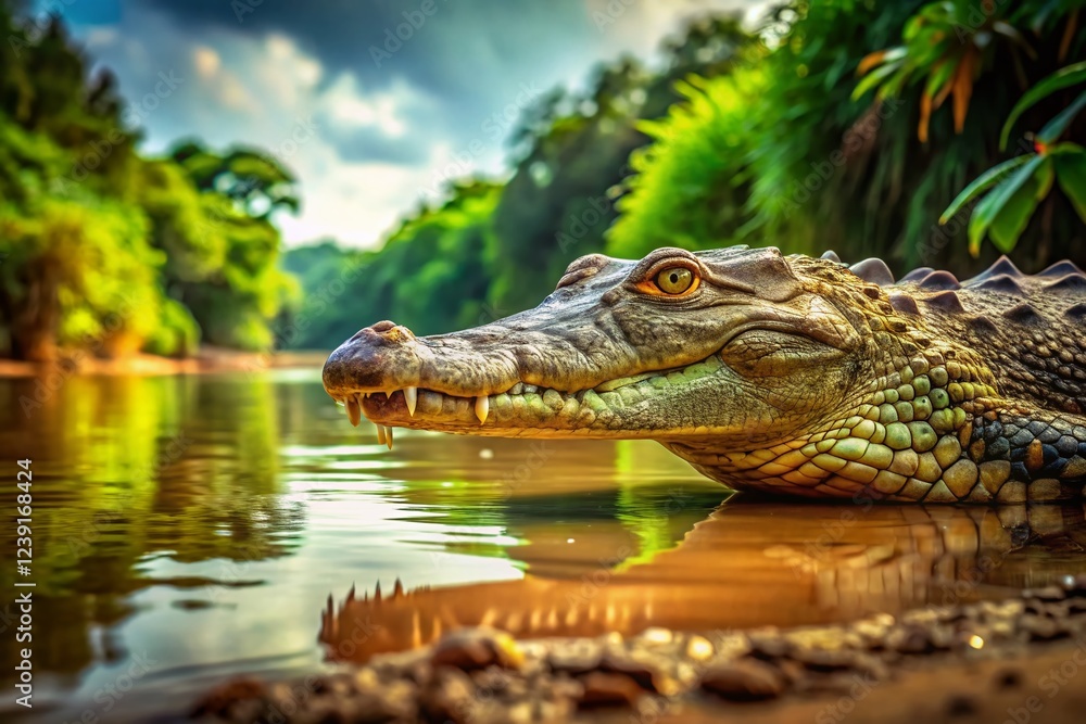 Fototapeta premium Powerful Crocodile Stalking Prey at Riverbank - Wildlife Photography