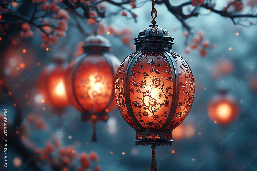 Illuminated Lanterns Hanging Among Blossoming Branches Illuminated Lanterns Hanging Among Blossoming Branches