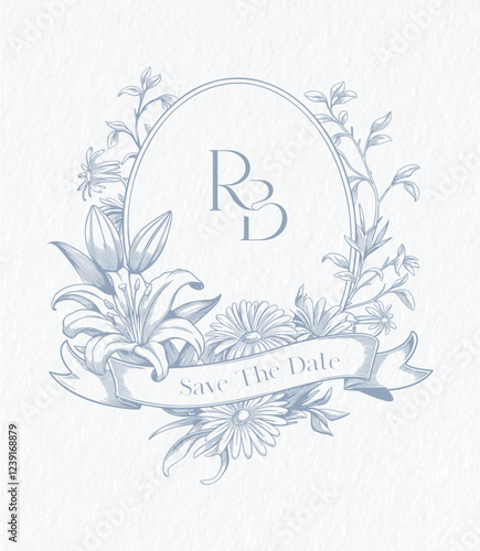 Wedding monogram with RB initials. Floral monogram crest design. Elegant wedding crest design.