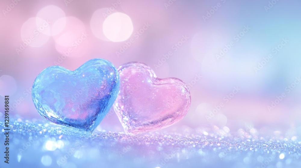 Fototapeta premium Two Pastel Hearts on Glittering Surface
