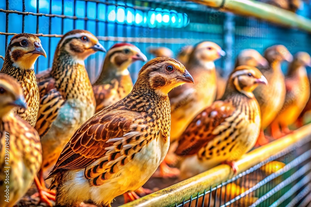 Obraz premium Quails in Cages at a Modern Bird Farm