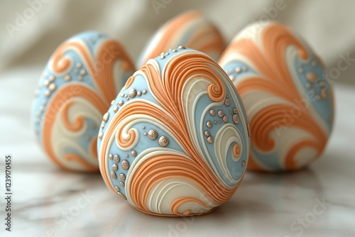 Colorful decorative eggs featuring unique designs represent Easter candy making ideas. Concept showcases creative Easter candy making ideas for delightful seasonal celebrations. photo