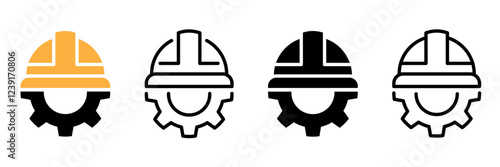 Construction helmet with gear icon set. Construction, labor and engineering symbols. Helmet and gear icons. Flat vector, isolated illustration. 