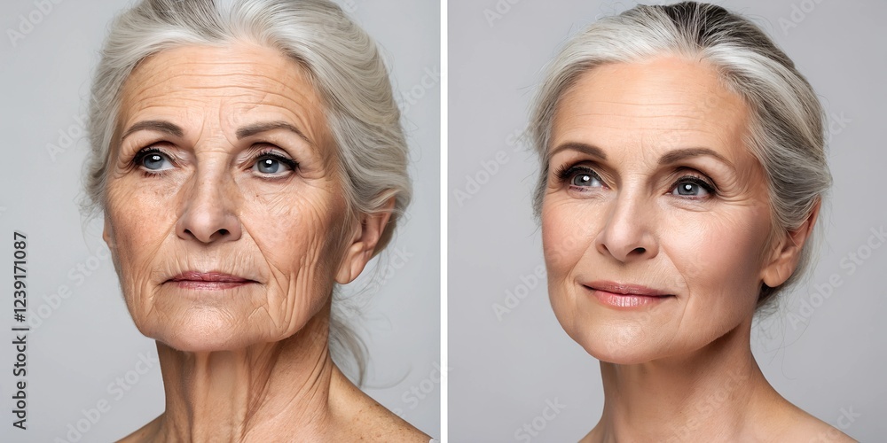 Before and after: woman with deep wrinkles before and after Botox treatment rejuvenation effect high resolution Before and after: woman with deep wrinkles before and after Botox treatment rejuvenation effect high resolution