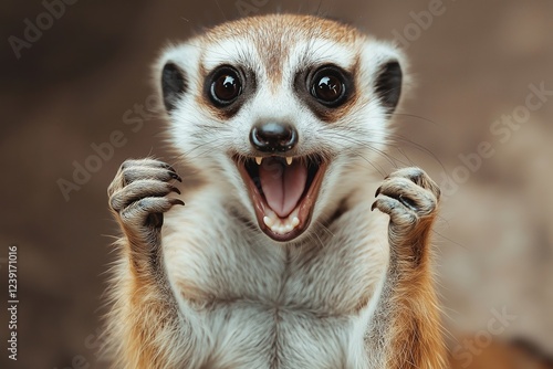 A playful meerkat showcases its joyful expression and unique charm in this captivating image.