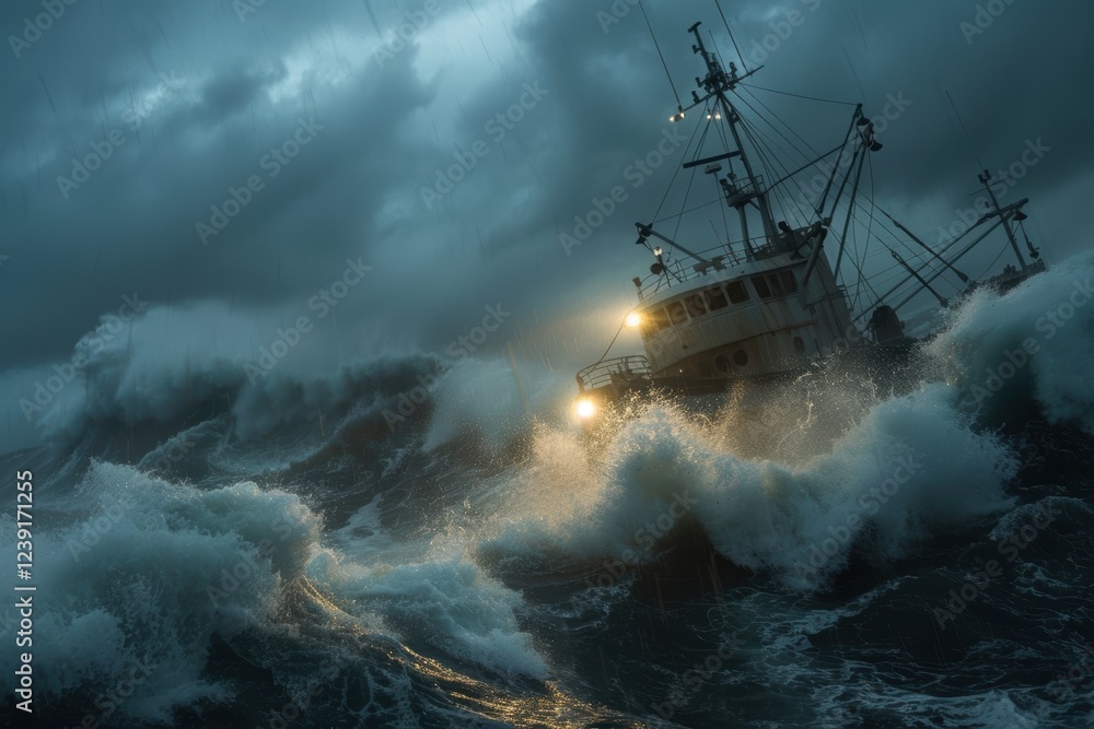Fototapeta premium Dramatic Stormy Seas and Brave Fishing Trawler Battling Fierce Waves at Dusk