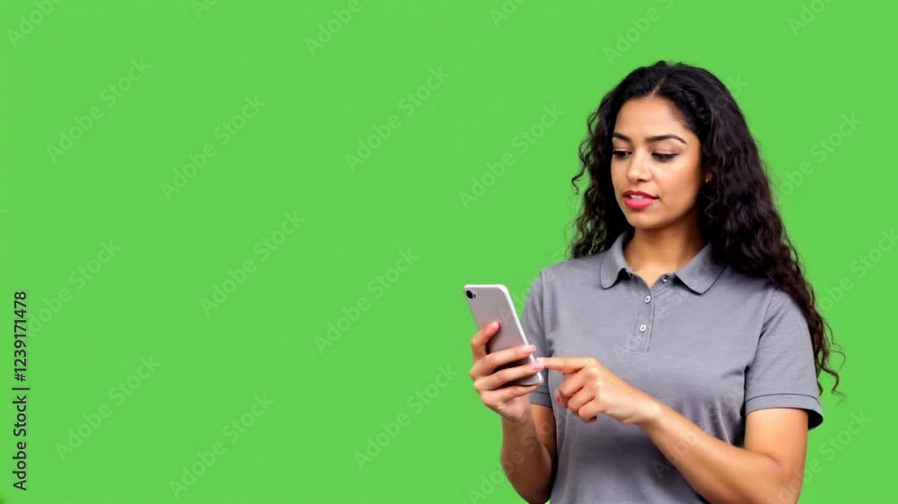 Young woman wearing a gray polo shirt and is holding a smartphone Young woman wearing a gray polo shirt and is holding a smartphone