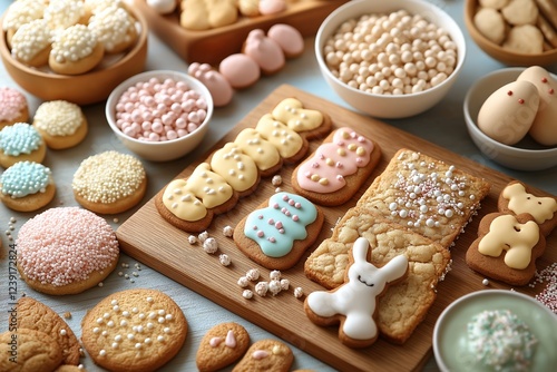 Beautiful display of decorated cookies showcasing Easter cookie decorating process with pastel colors and various toppings. Concept emphasizes Easter cookie decorating process for festive fun.
