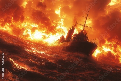 Ship in flames on turbulent ocean waves photo