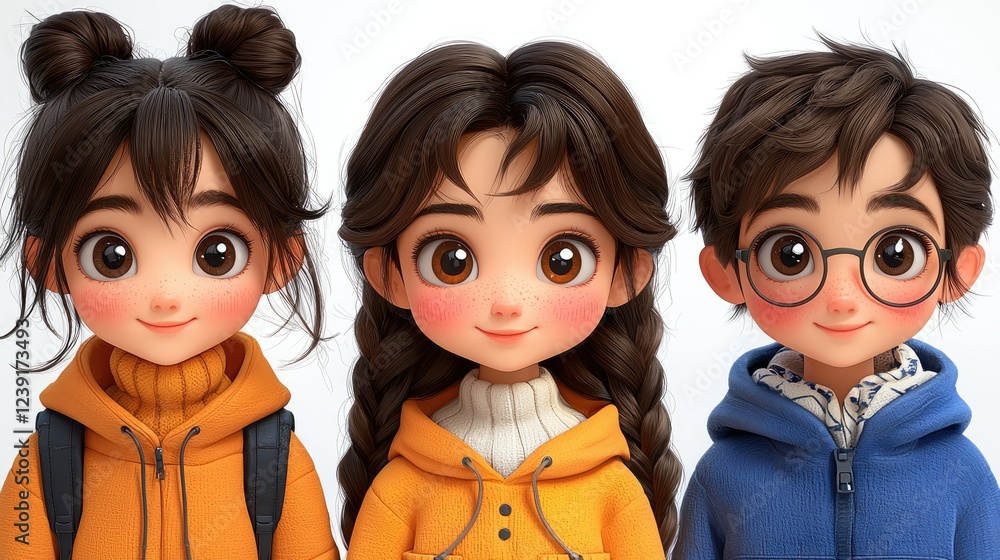 Three Adorable Cartoon Children Friends Together Three Adorable Cartoon Children Friends Together