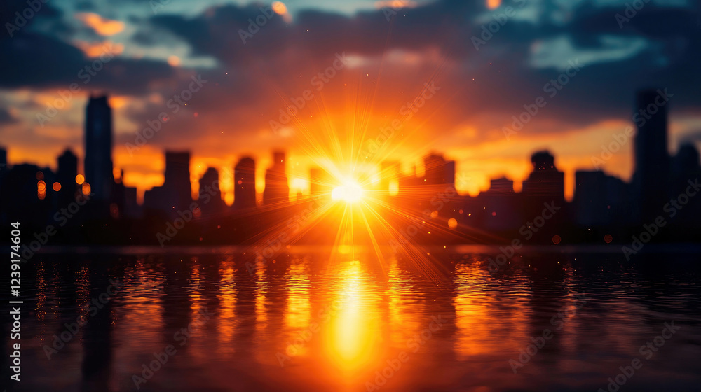 Naklejka premium Vibrant Sunset Over City Skyline Reflecting on Calm Water Surface