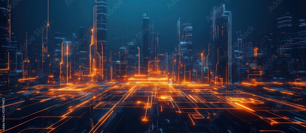 Fototapeta premium Futuristic Cityscape: Neon Lights and Digital Architecture