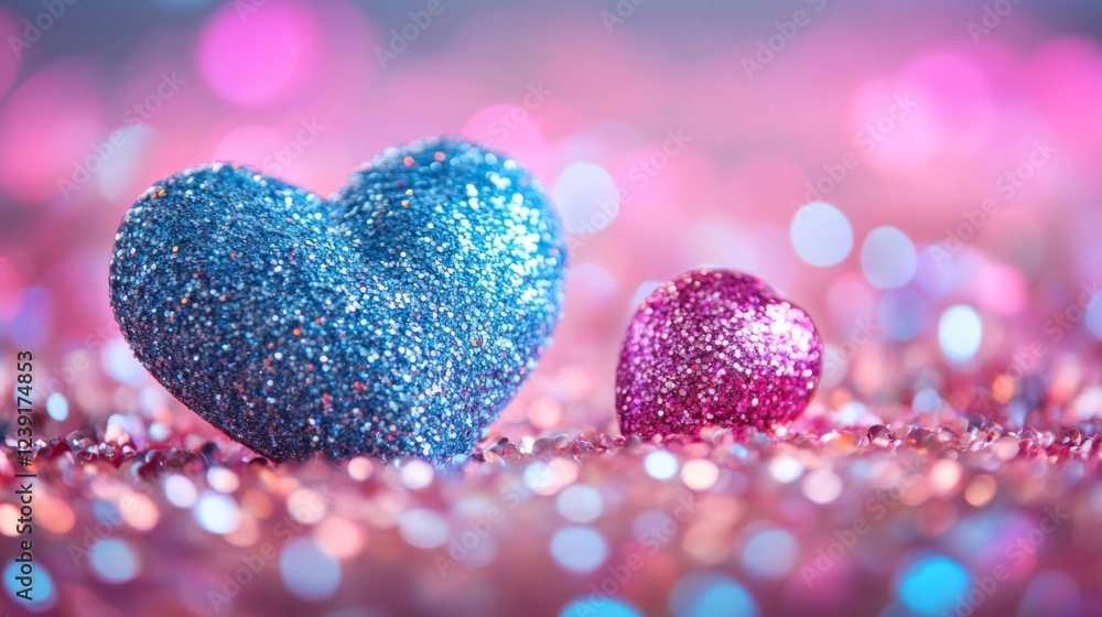 Fototapeta premium Two Glittery Hearts on Pink Sparkle Background