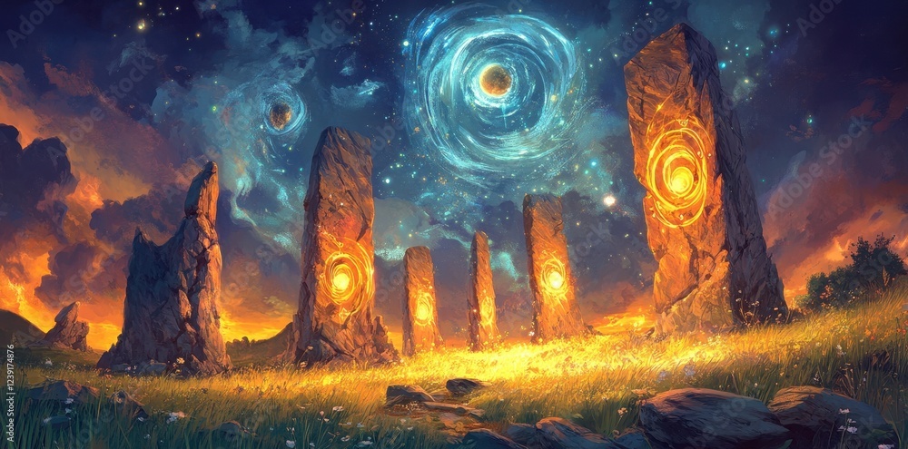 Obraz premium Illuminated Stone Pillars Under a Celestial Canvas
