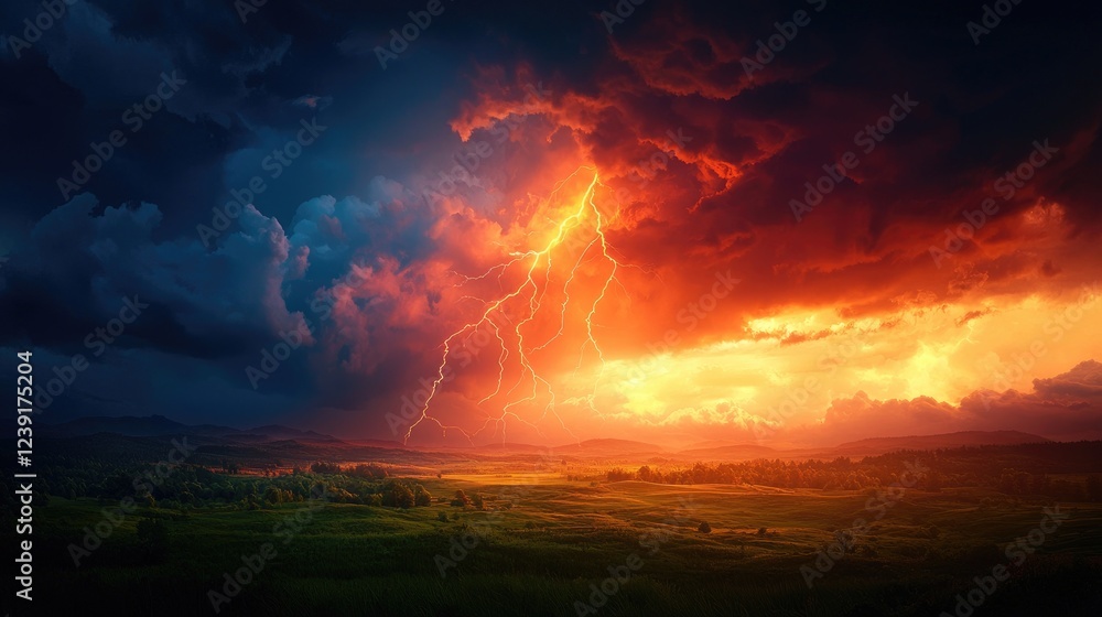 Obraz premium Dramatic Thunderstorm with Lightning Over Vast Serene Landscape