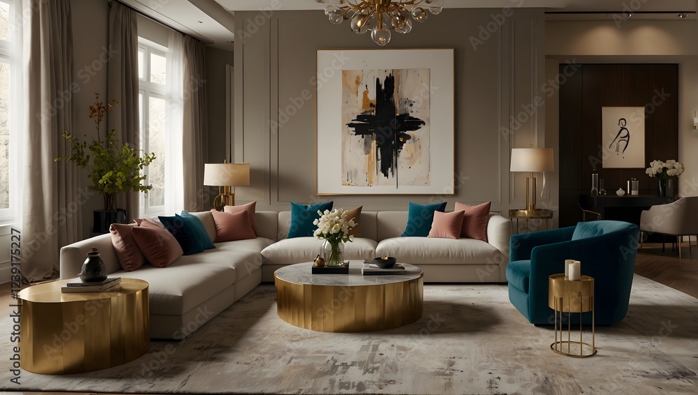 Fototapeta premium A luxurious living room with beige walls, a large sectional, colorful pillows, and gold accents.